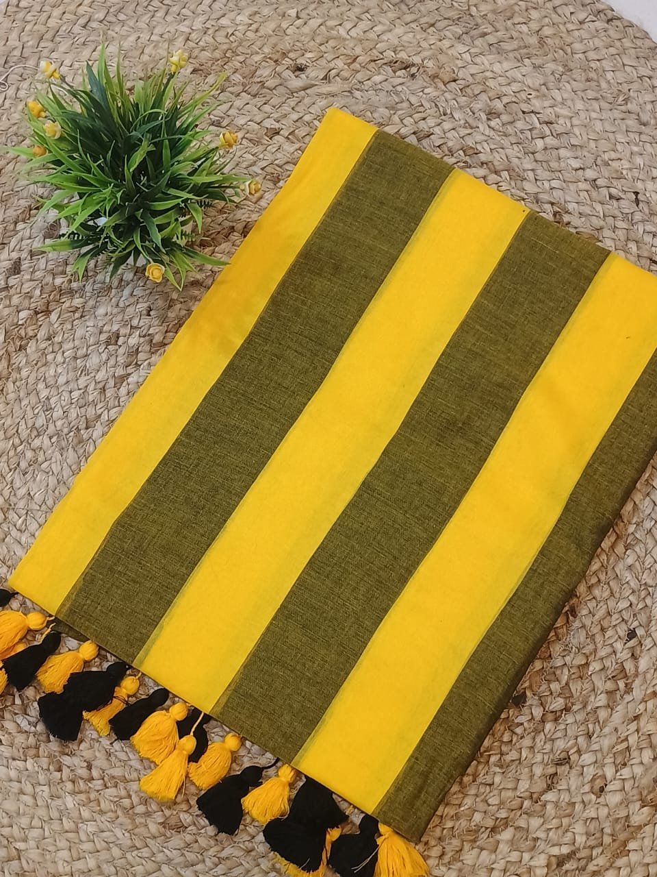 Mustard Yellow and Olive Green Stripes Ramdhanu Cotton Saree