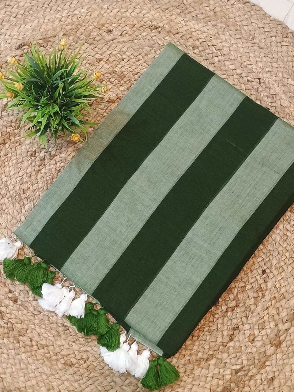Forest Green and Light Mint Green Stripes Ramdhanu Cotton Saree