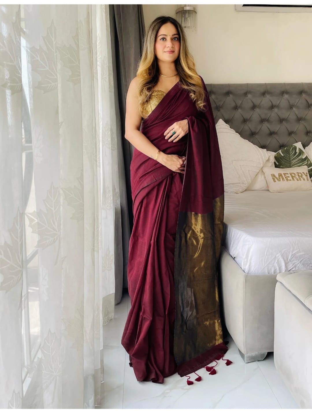 Maroon Pure khadi Cotton Handloom saree