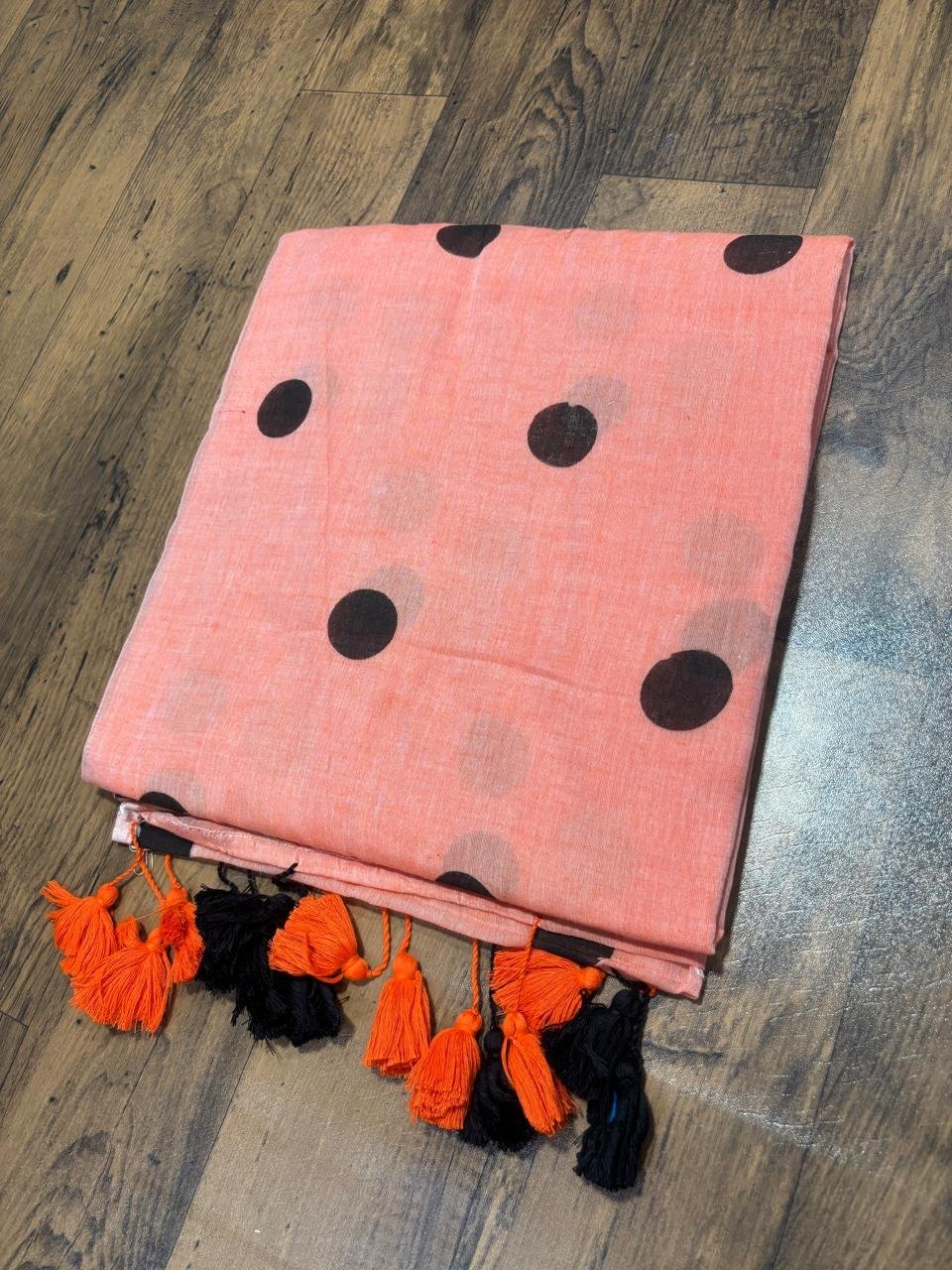 Peach Pure Mul Cotton Saree – Designer Ball Print Collection