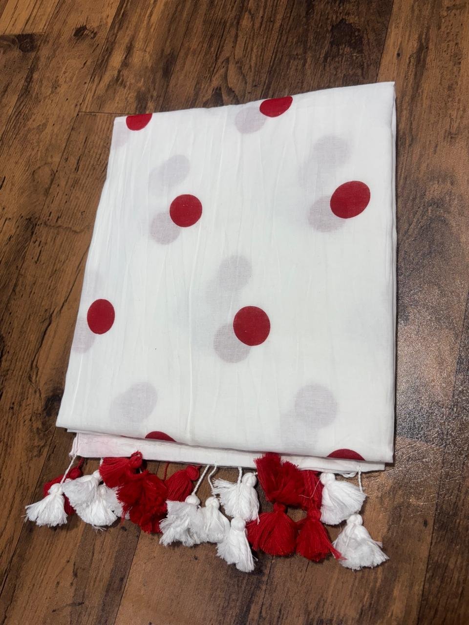 White Pure Mul Cotton Saree – Designer Ball Print Collection