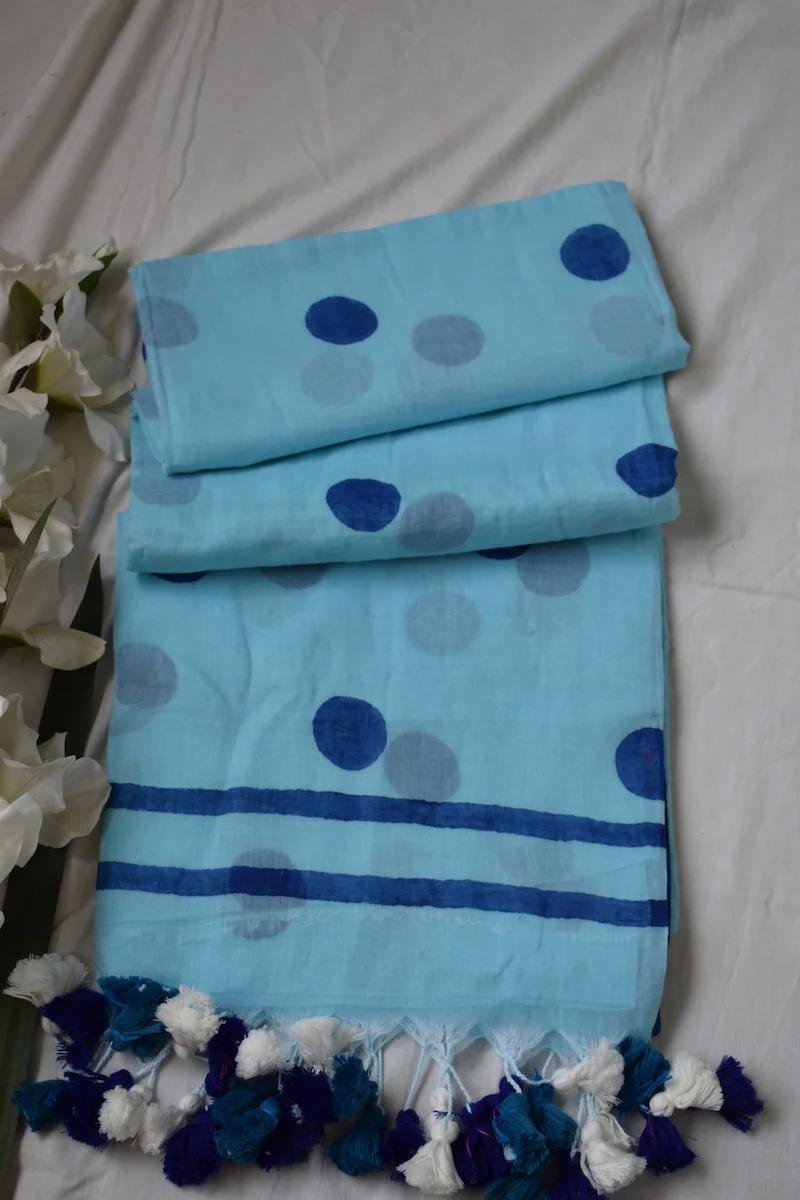 Light Blue Pure Mul Cotton Saree – Designer Ball Print Collection
