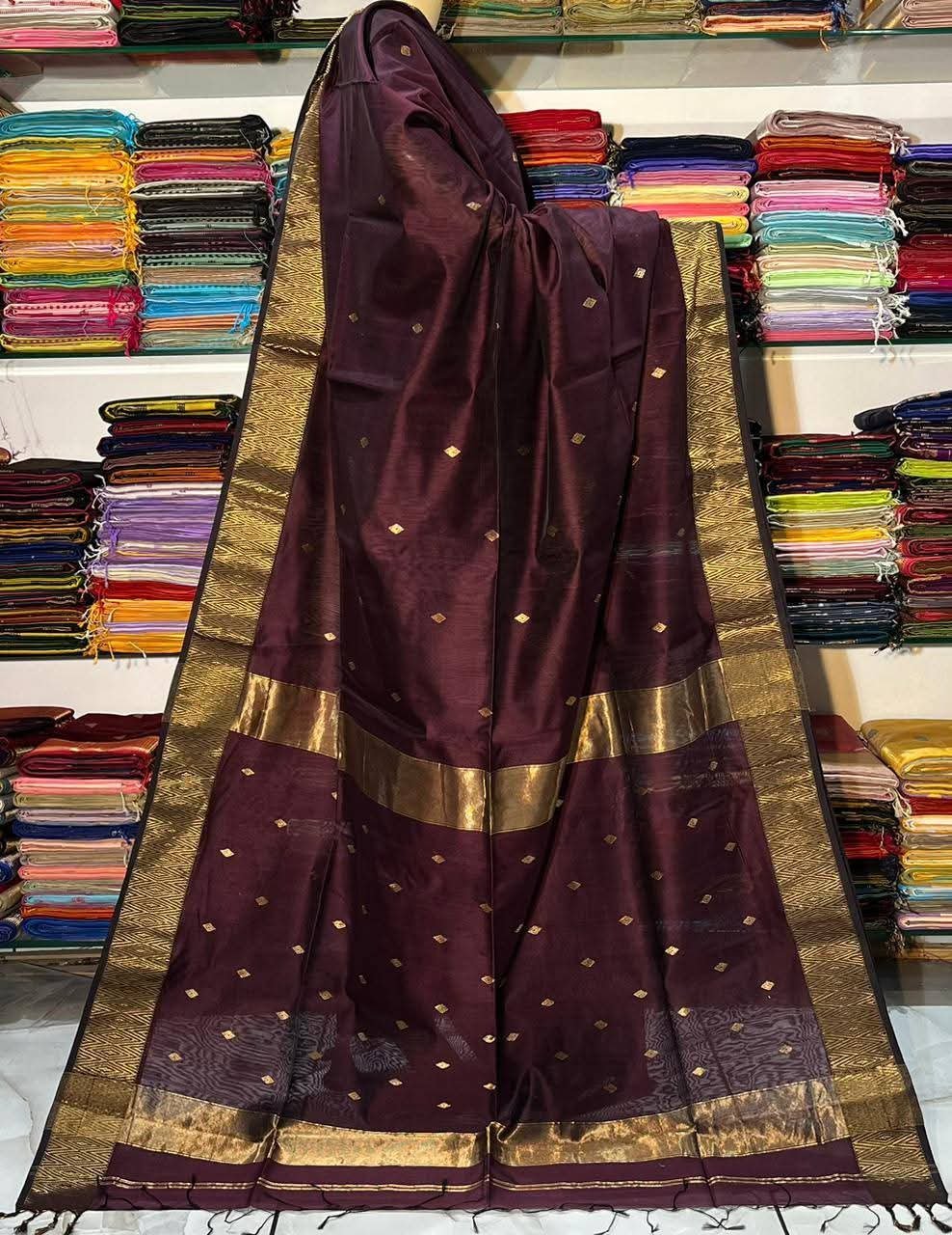 Wine Maheshwari Design Cotton Silk Saree – Rich Allover Work