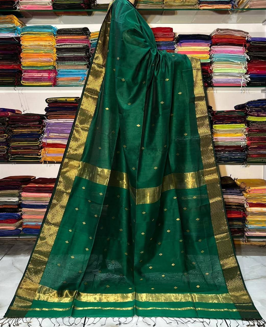 Green Maheshwari Design Cotton Silk Saree – Rich Allover Work