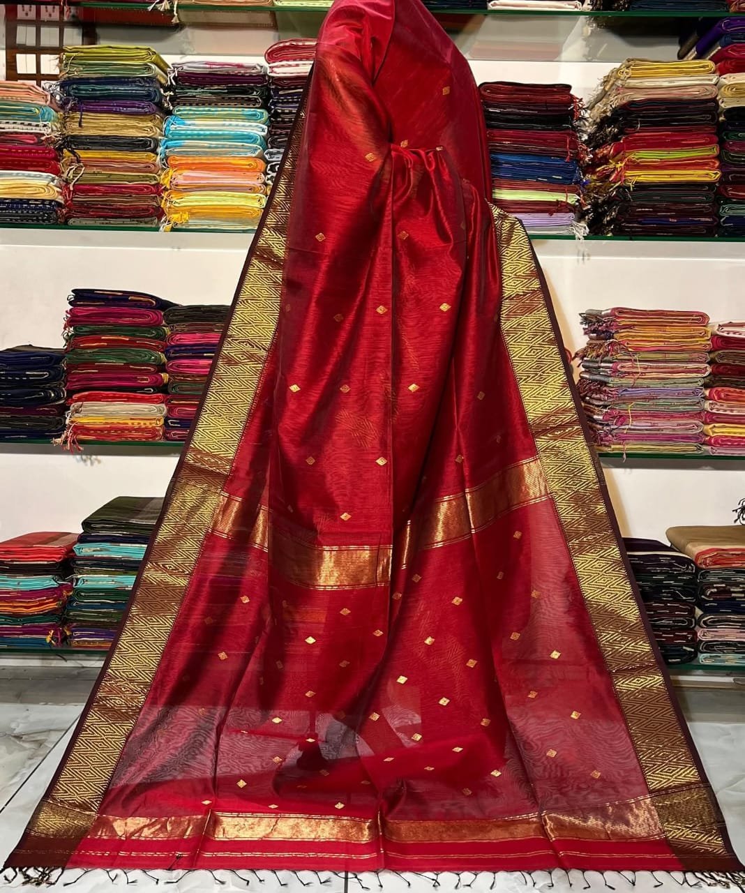Blood Red Maheshwari Design Cotton Silk Saree – Rich Allover Work