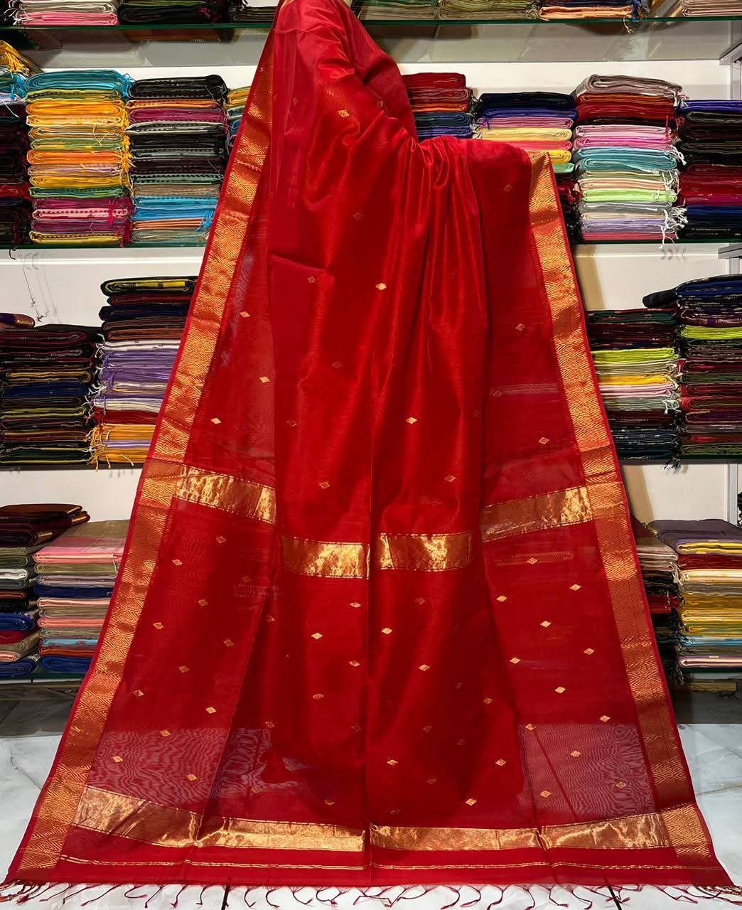 Red Maheshwari Design Cotton Silk Saree – Rich Allover Work