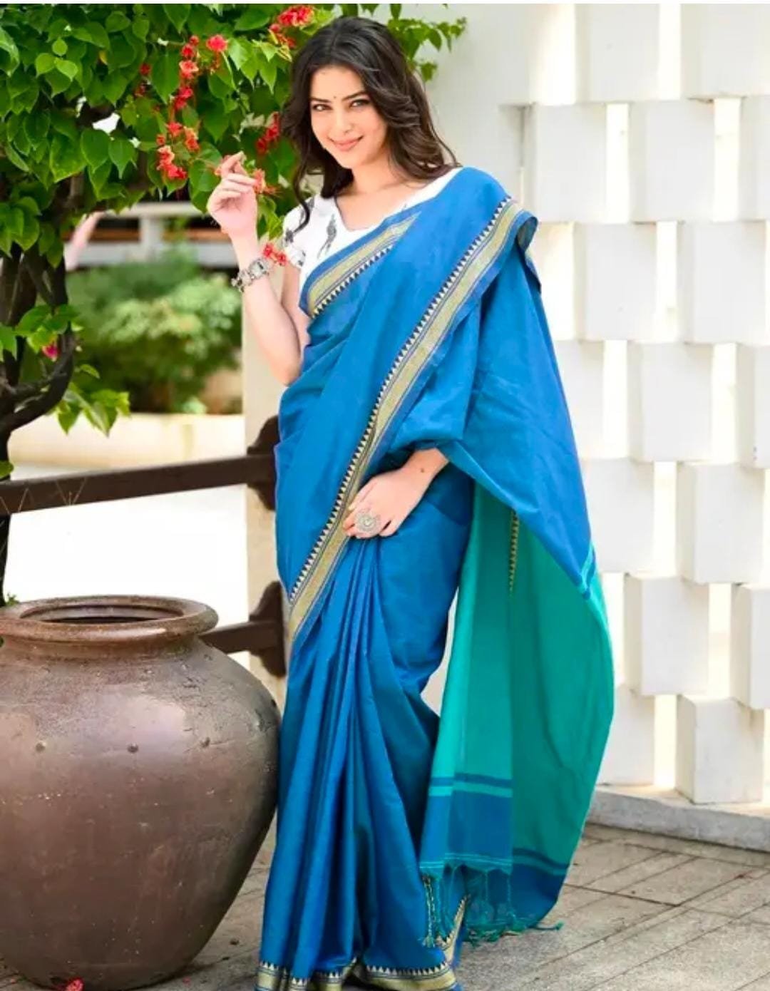 Sky Blue Exclusive Pure Cotton Saree with All-Over Weaving Border