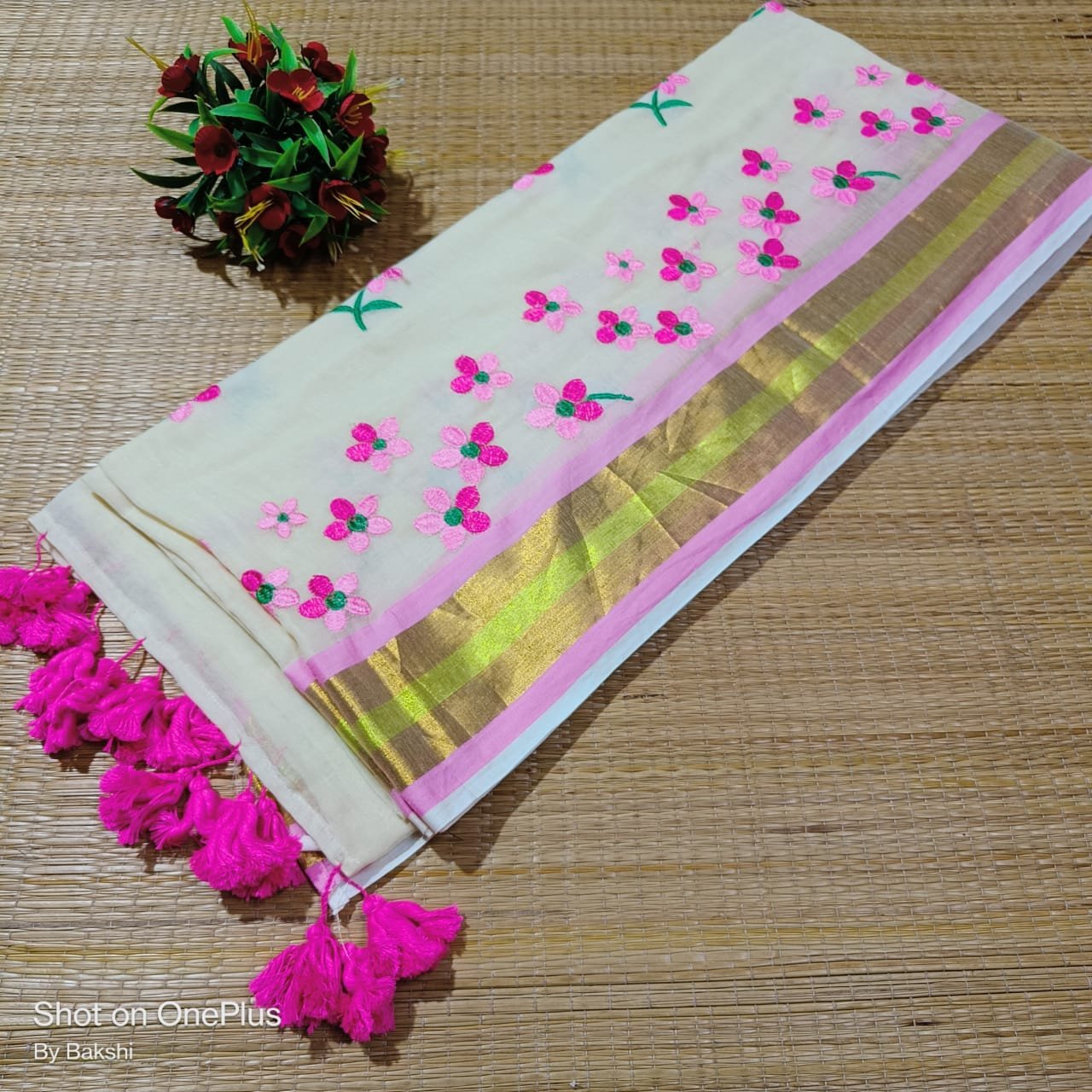 White and Pink Exclusive Pure Mul Cotton Saree with Intricate Embroidery Work