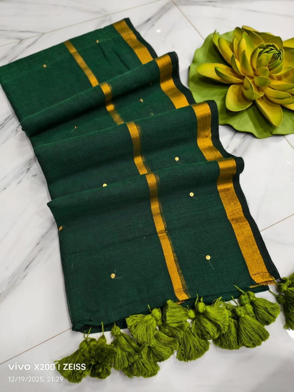 Green Gini Work Mul Cotton Saree – Antique Zari Border Exclusive