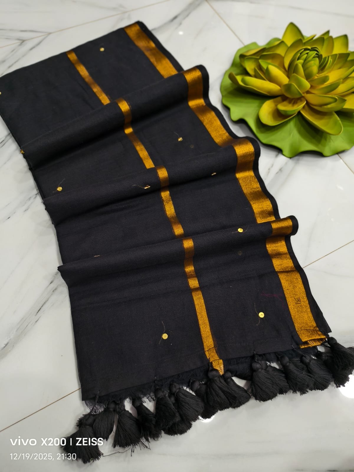 Black Gini Work Mul Cotton Saree – Antique Zari Border Exclusive