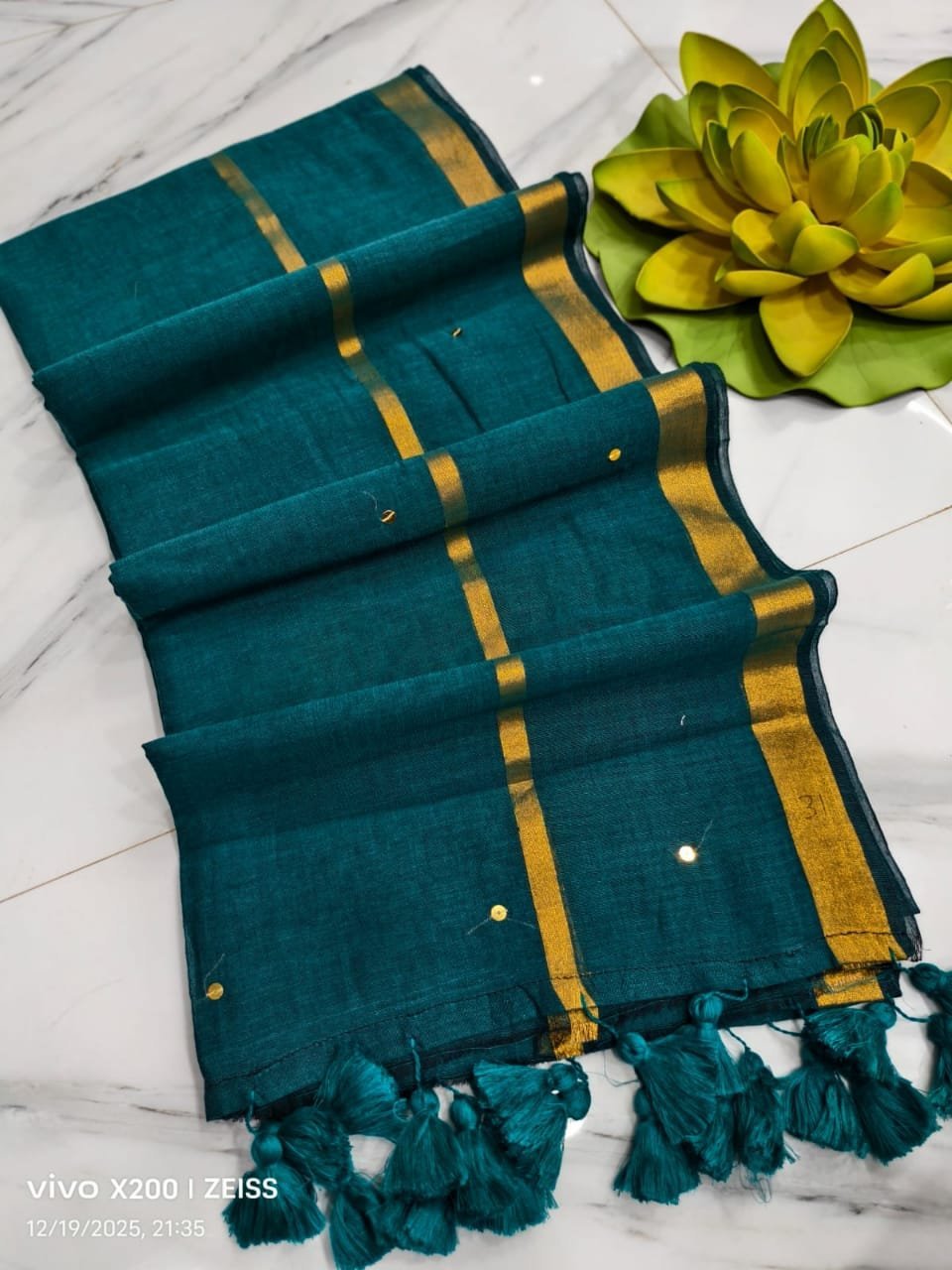 Rama Green Gini Work Mul Cotton Saree – Antique Zari Border Exclusive