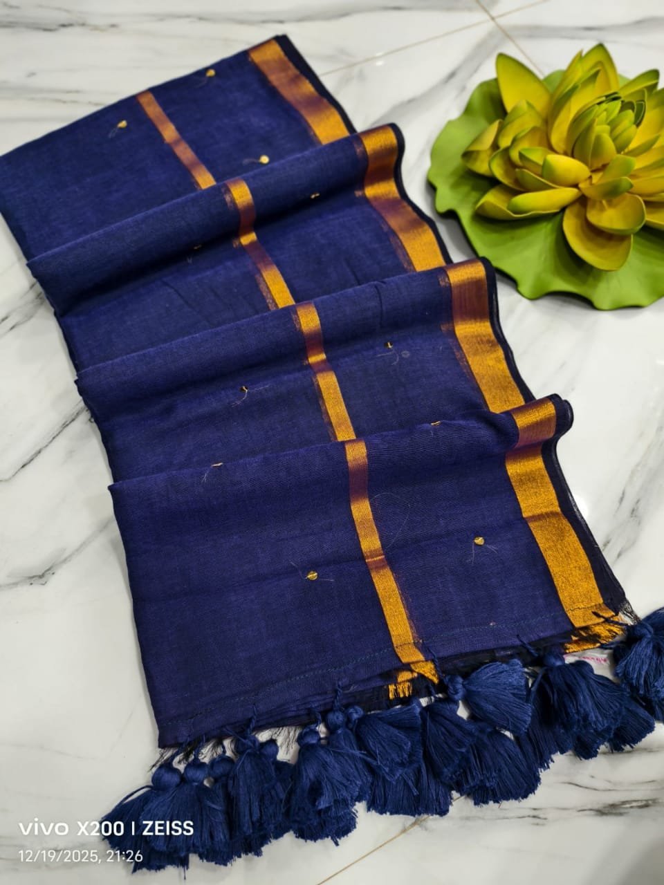 Blue Gini Work Mul Cotton Saree – Antique Zari Border Exclusive