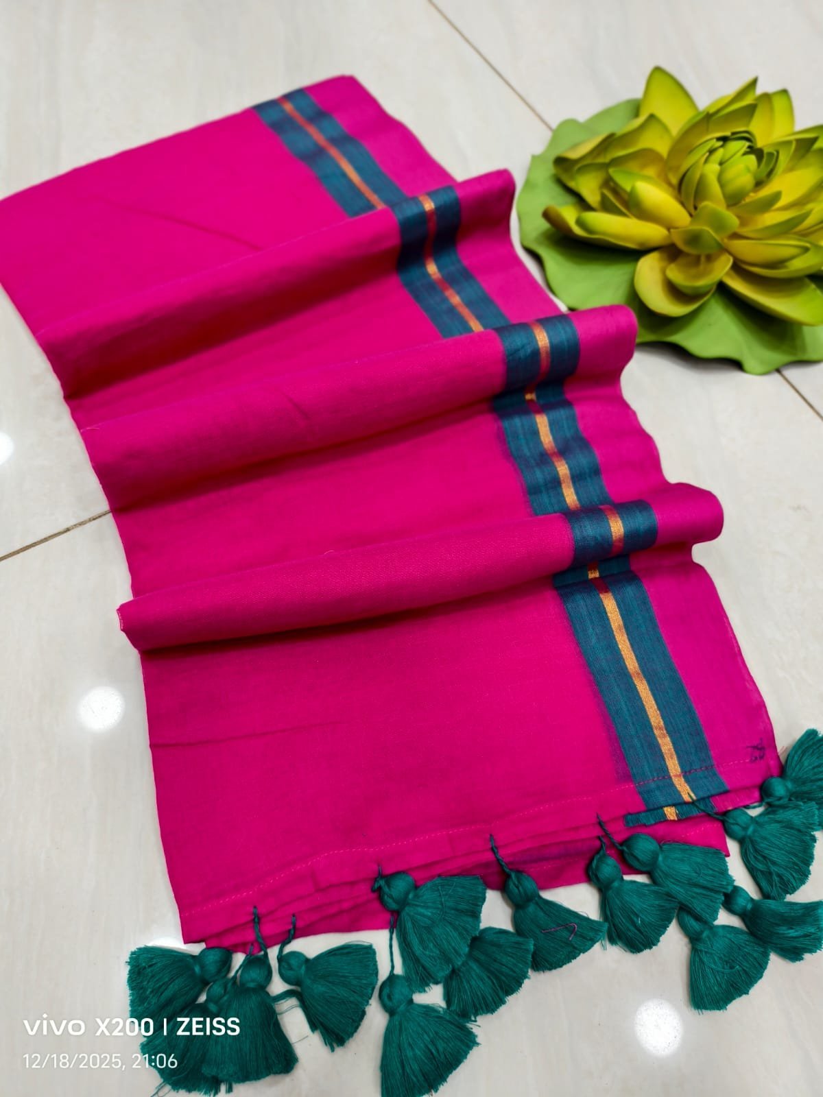 Hot Pink Handloom Pure Mul Cotton Saree with Elegant Gini Work