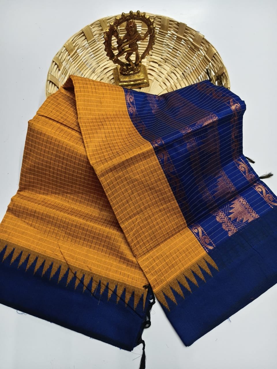 Yellow and Blue Premium Gadwal Pattern Cotton Checked Saree with Grand Jari Pallu