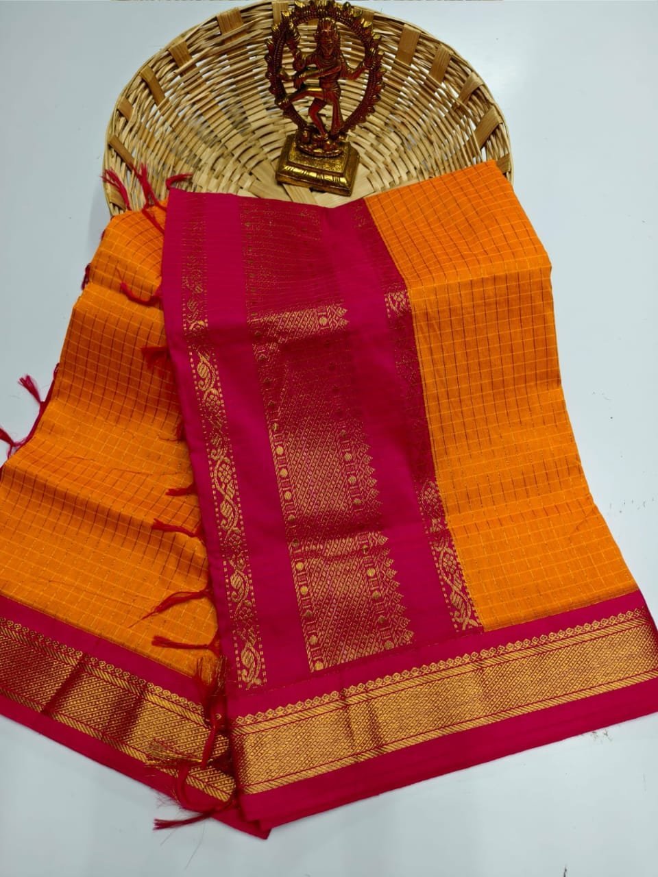 Orange Premium Gadwal Pattern Cotton Checked Saree with Grand Jari Pallu