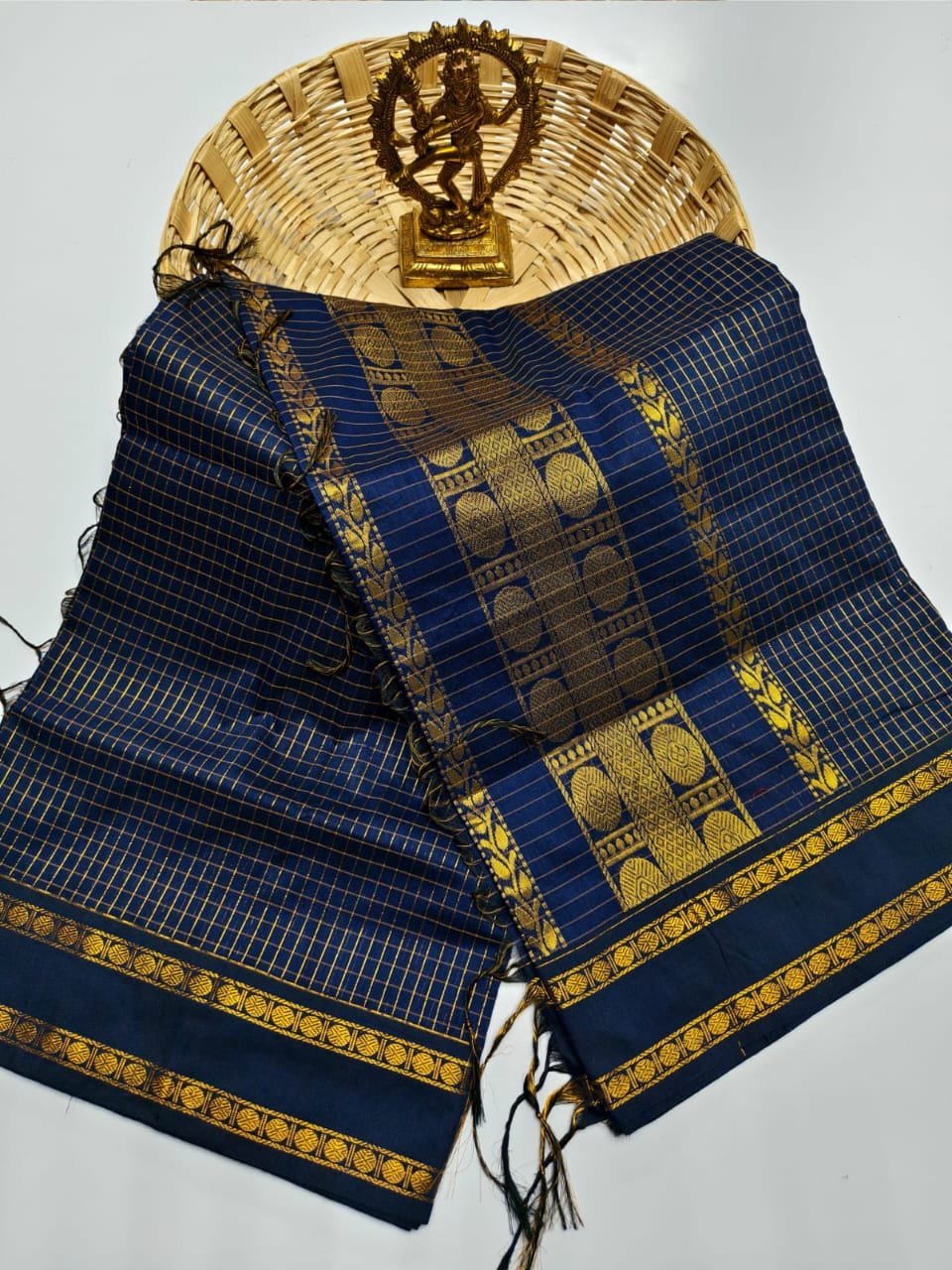 Blue Premium Gadwal Pattern Cotton Checked Saree with Grand Jari Pallu