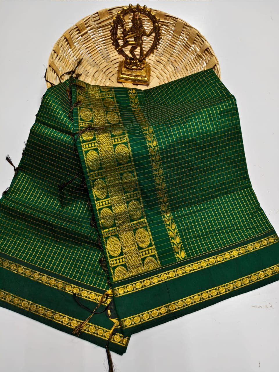 Green Premium Gadwal Pattern Cotton Checked Saree with Grand Jari Pallu