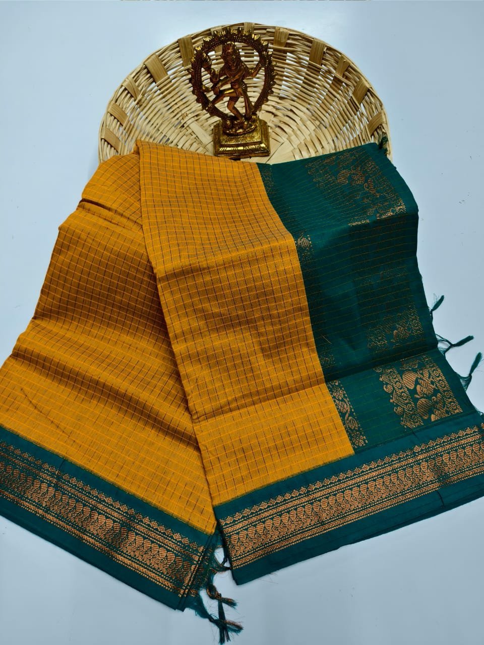 Yellow and Green Premium Gadwal Pattern Cotton Checked Saree with Grand Jari Pallu