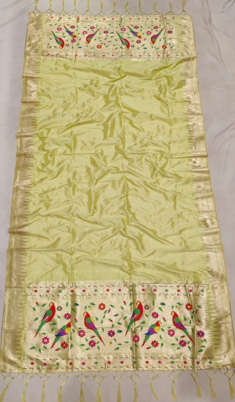 Light Gold Premium Paithani Soft Silk Dupatta - Allover Butta with Hand-Knotted Tassels