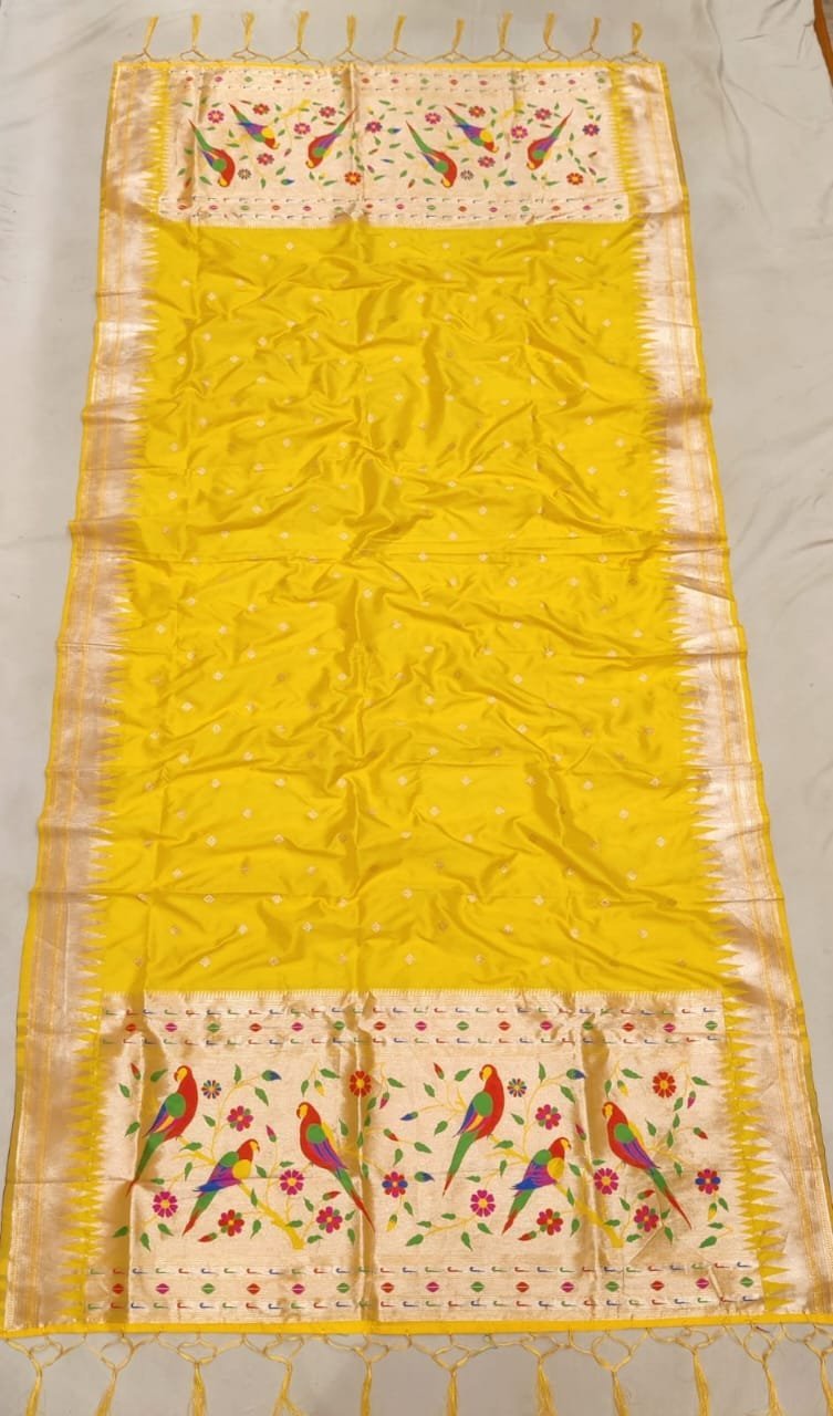 Yellow Premium Paithani Soft Silk Dupatta - Allover Butta with Hand-Knotted Tassels