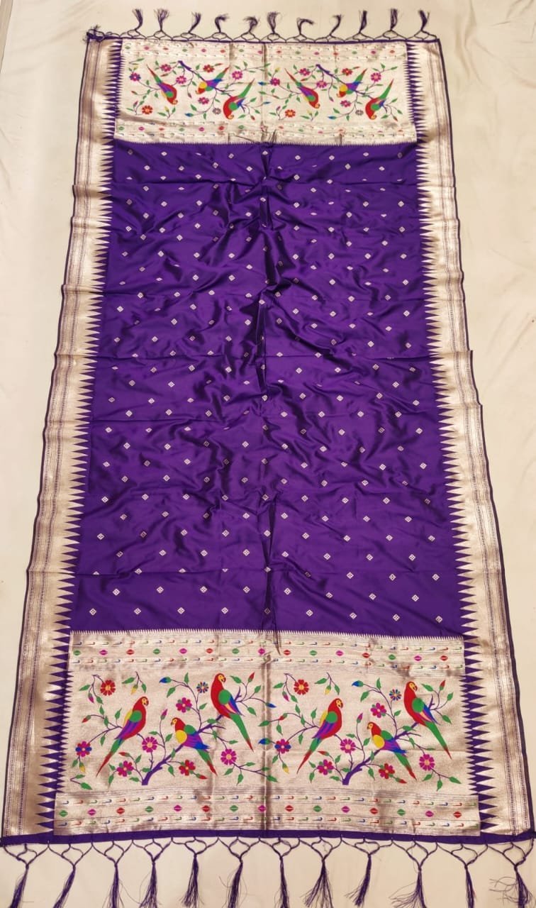 Purple Premium Paithani Soft Silk Dupatta - Allover Butta with Hand-Knotted Tassels