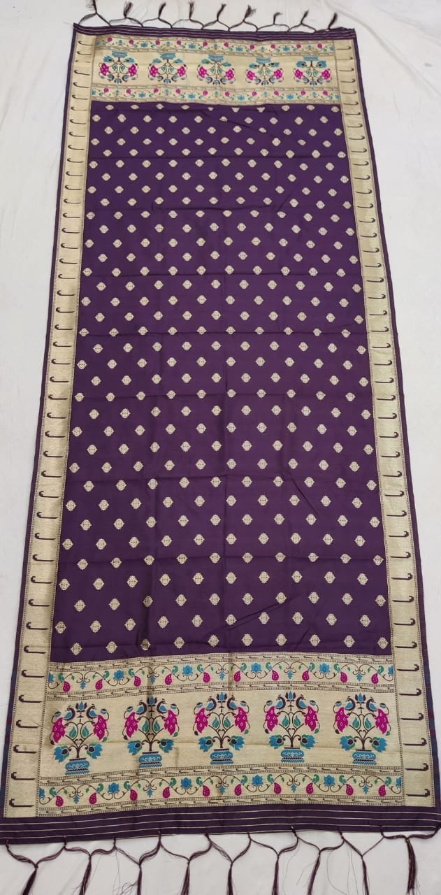 Dark Purple Premium Paithani Soft Silk Dupatta - Allover Butta with Hand-Knotted Tassels