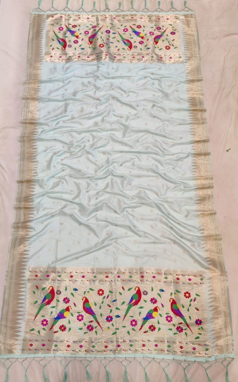 White Premium Paithani Soft Silk Dupatta - Allover Butta with Hand-Knotted Tassels