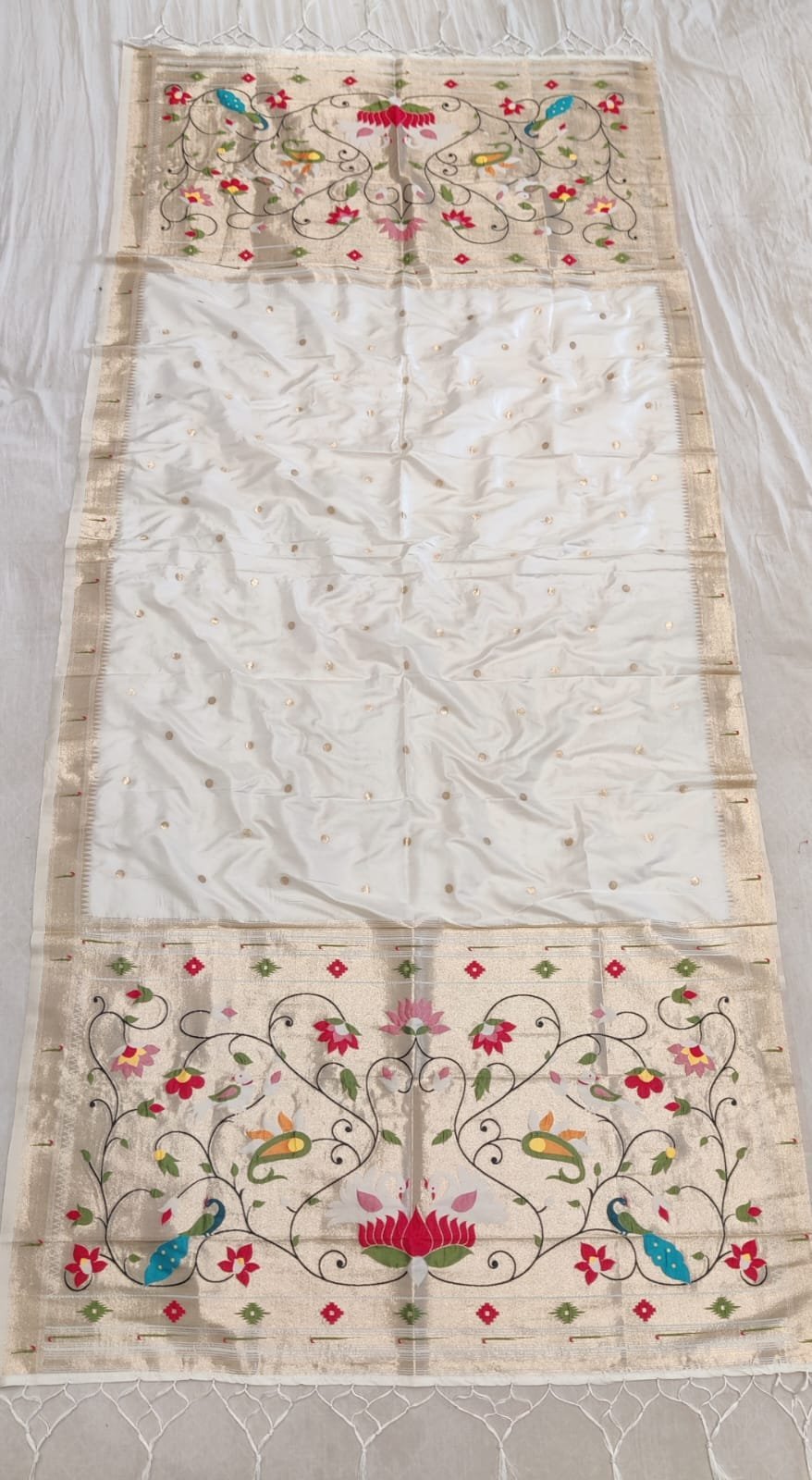 Off White Premium Paithani Soft Silk Dupatta - Allover Butta with Hand-Knotted Tassels