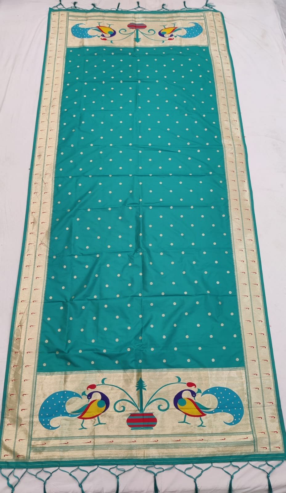 Cadet Blue Premium Paithani Soft Silk Dupatta – Allover Butta with Hand-Knotted Tassels