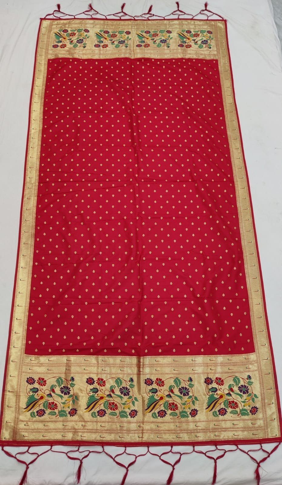 Cherry Red Premium Paithani Soft Silk Dupatta – Allover Butta with Hand-Knotted Tassels