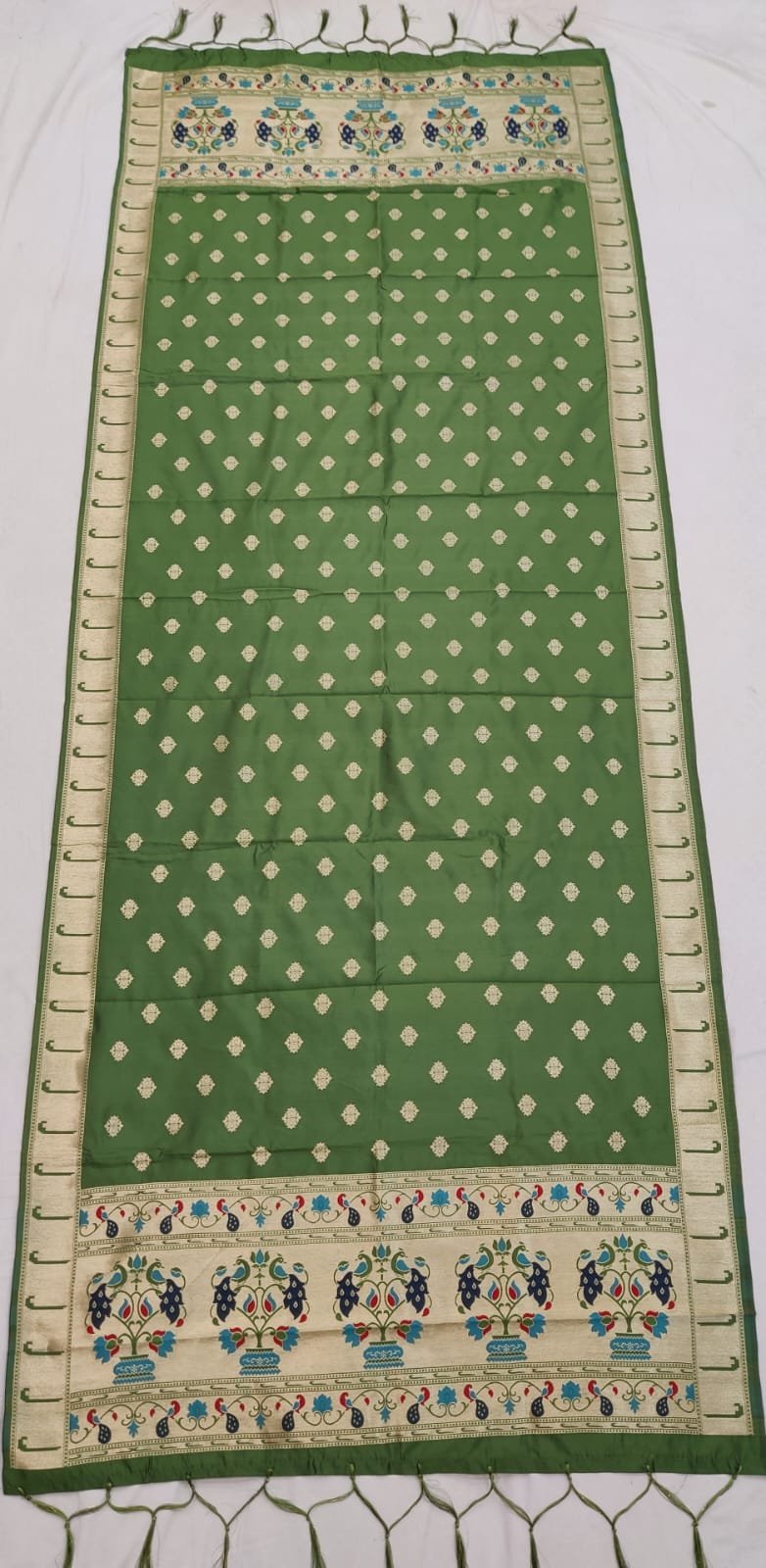 Olive Green Premium Paithani Soft Silk Dupatta – Allover Butta with Hand-Knotted Tassels