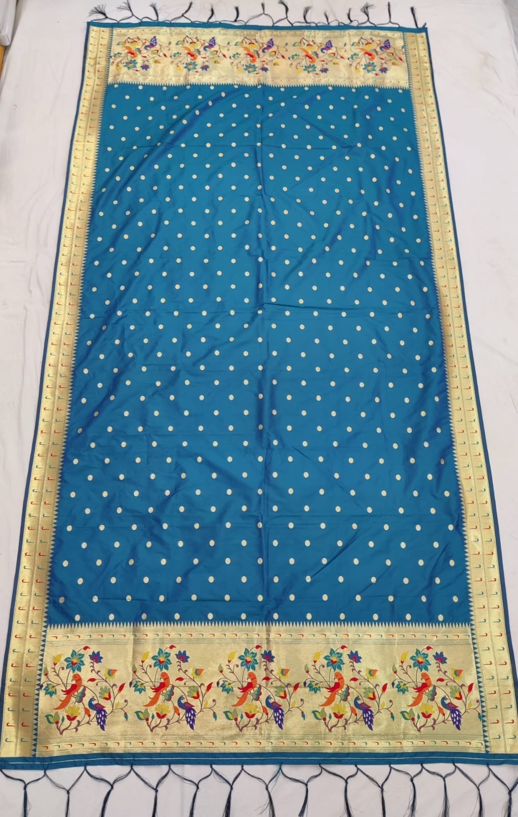 Steel Blue Premium Paithani Soft Silk Dupatta – Allover Butta with Hand-Knotted Tassels
