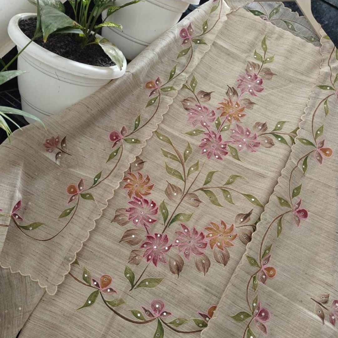 Off White Flower Printed Kota Doria Dress Materials Top Dupatta