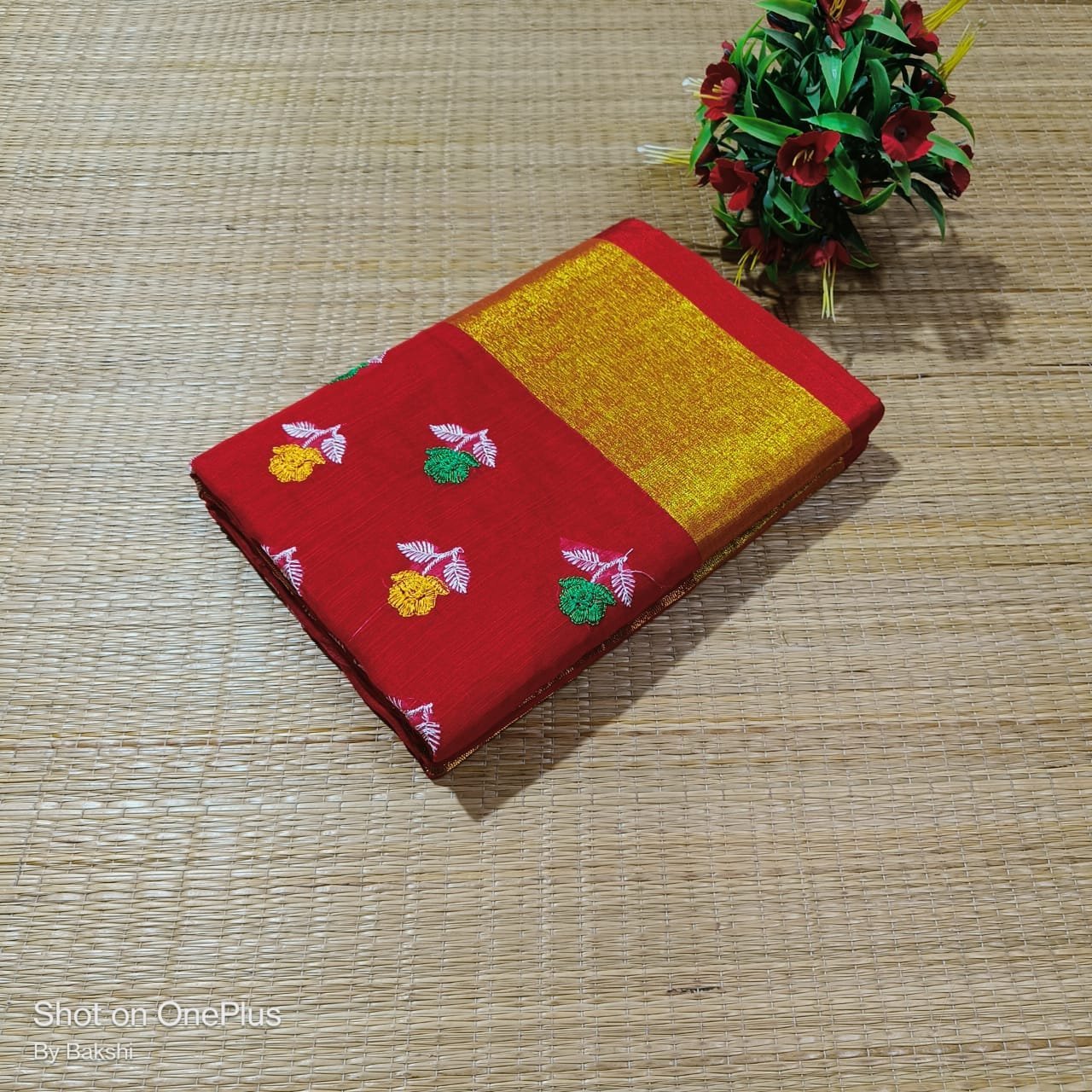 Red Handloom Slub Khadi with Embroidery