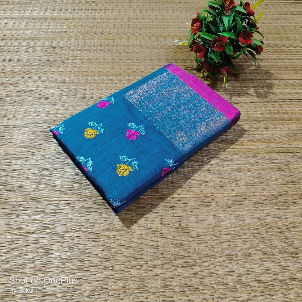 Sky Blue Handloom Slub Khadi with Embroidery