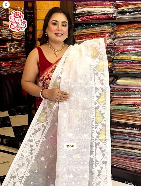 White Korat soft dhakai jamdani saree