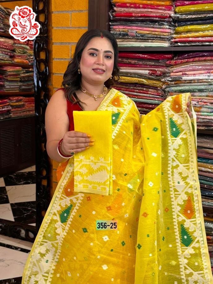 Yellow Korat soft dhakai jamdani saree