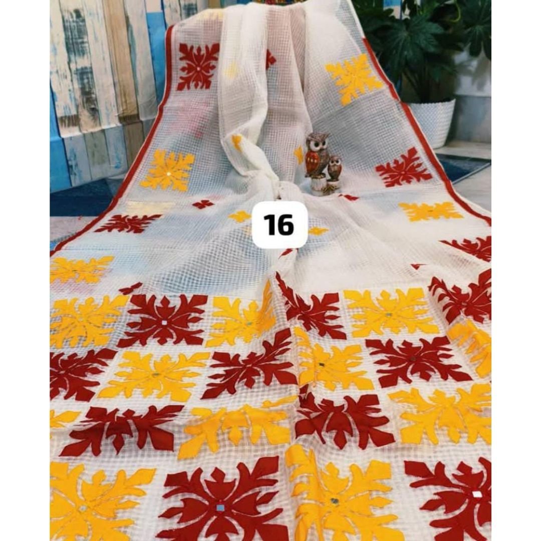 White Handloom Applique Work Saree
