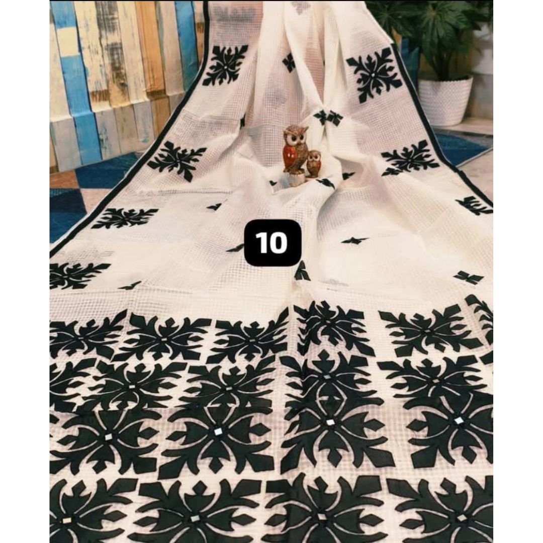 Off White Handloom Applique Work Saree