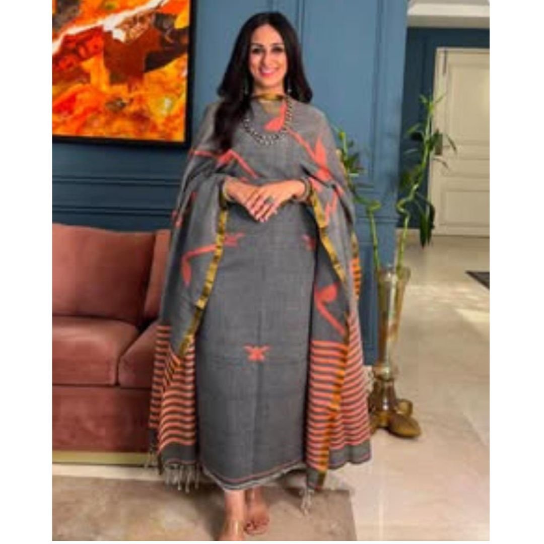 Gray Baluchari Dress Materials ( Top+Dupatta )