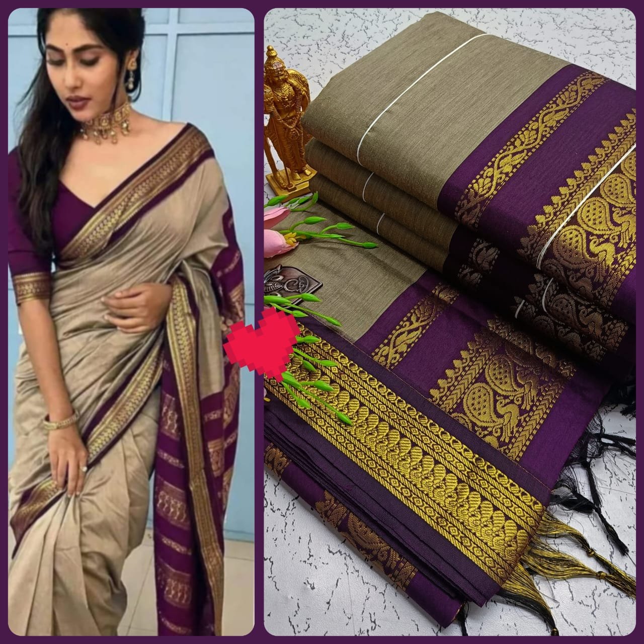 Kalyani cotton saree/Lata Gadwal Paithani - Beige + Deep Royal Purple