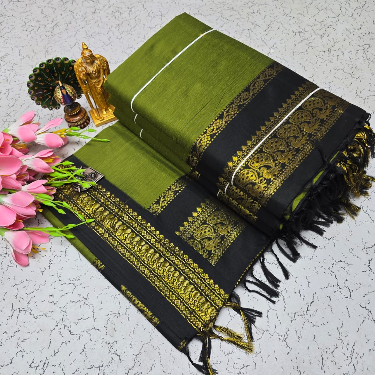 Kalyani cotton saree/Lata Gadwal Paithani - Olive Green + Navy
