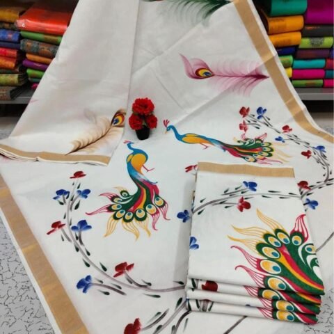 White & Peacock Feather Print