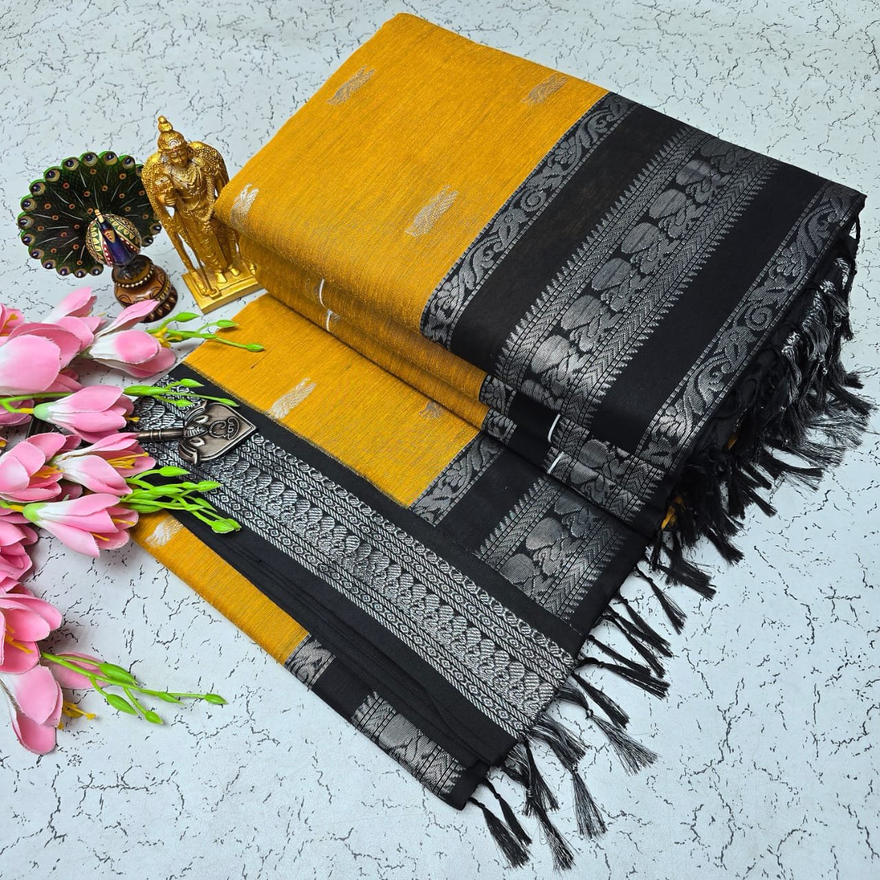 Kalyani cotton saree/Lata Gadwal Paithani - Golden Yellow + Grey