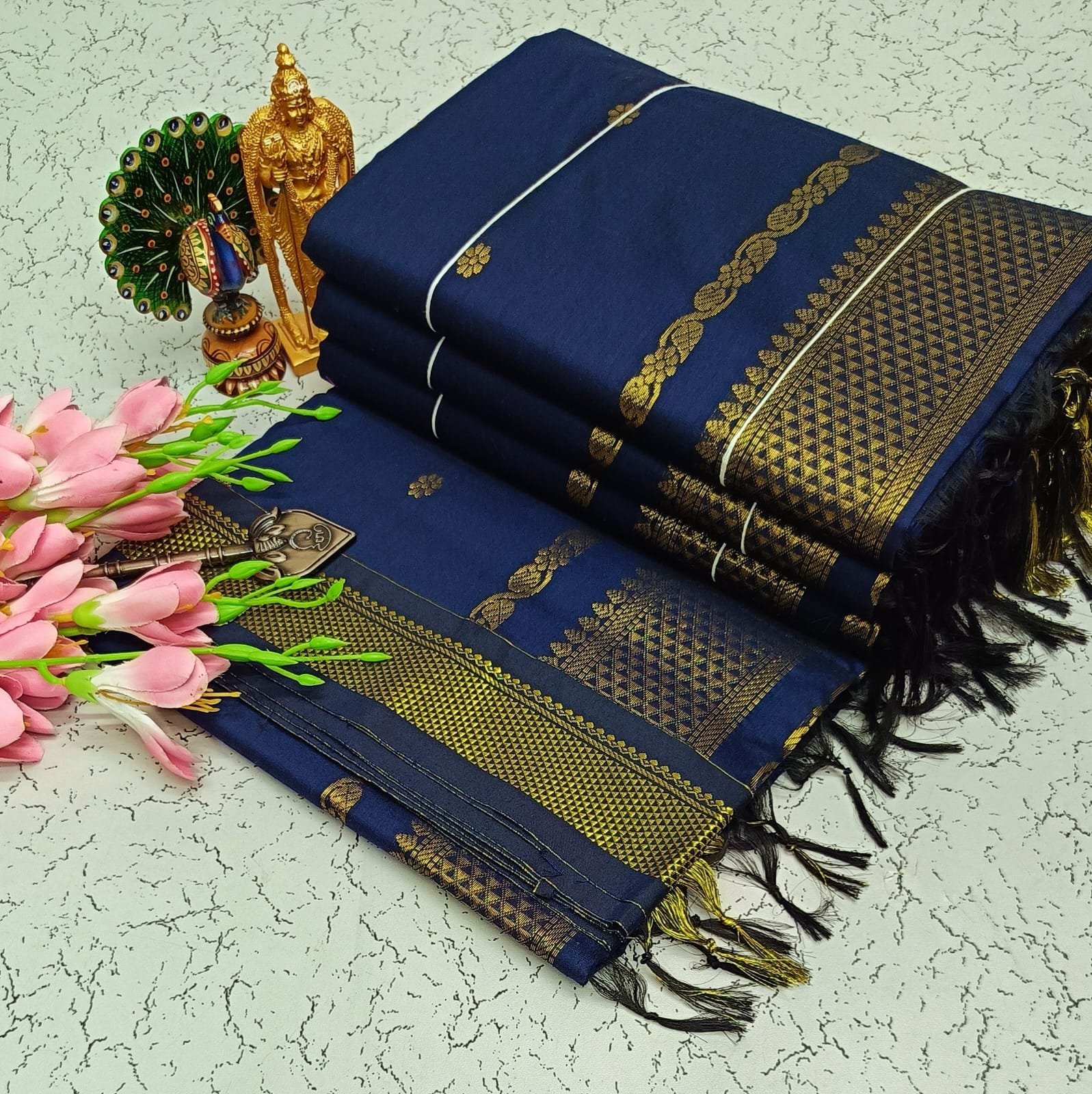 Kalyani cotton saree/Lata Gadwal Paithani - Steel Blue + Gold