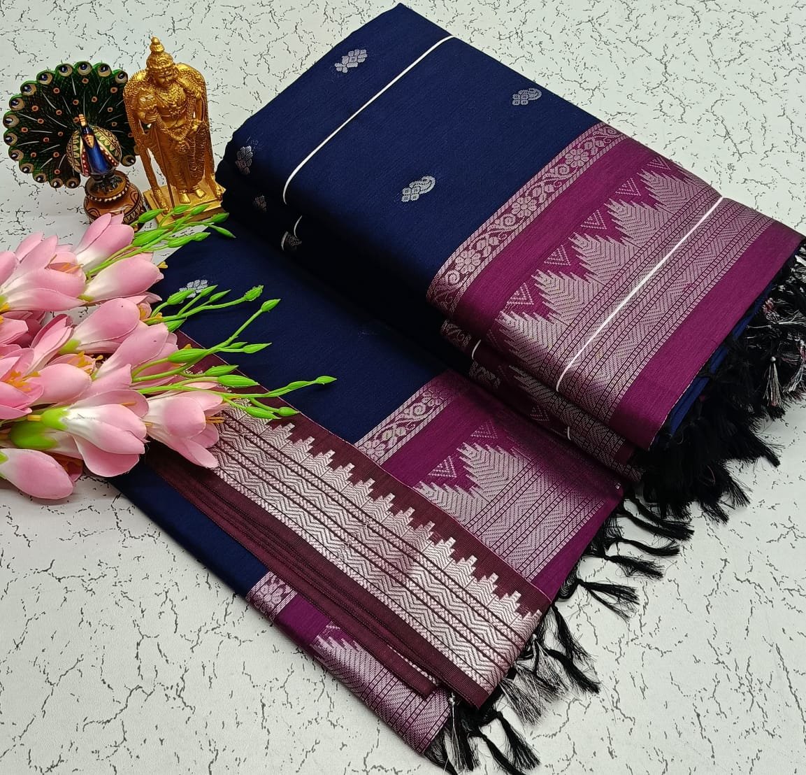 Kalyani cotton saree/Lata Gadwal Paithani - Sapphire Blue + Magenta