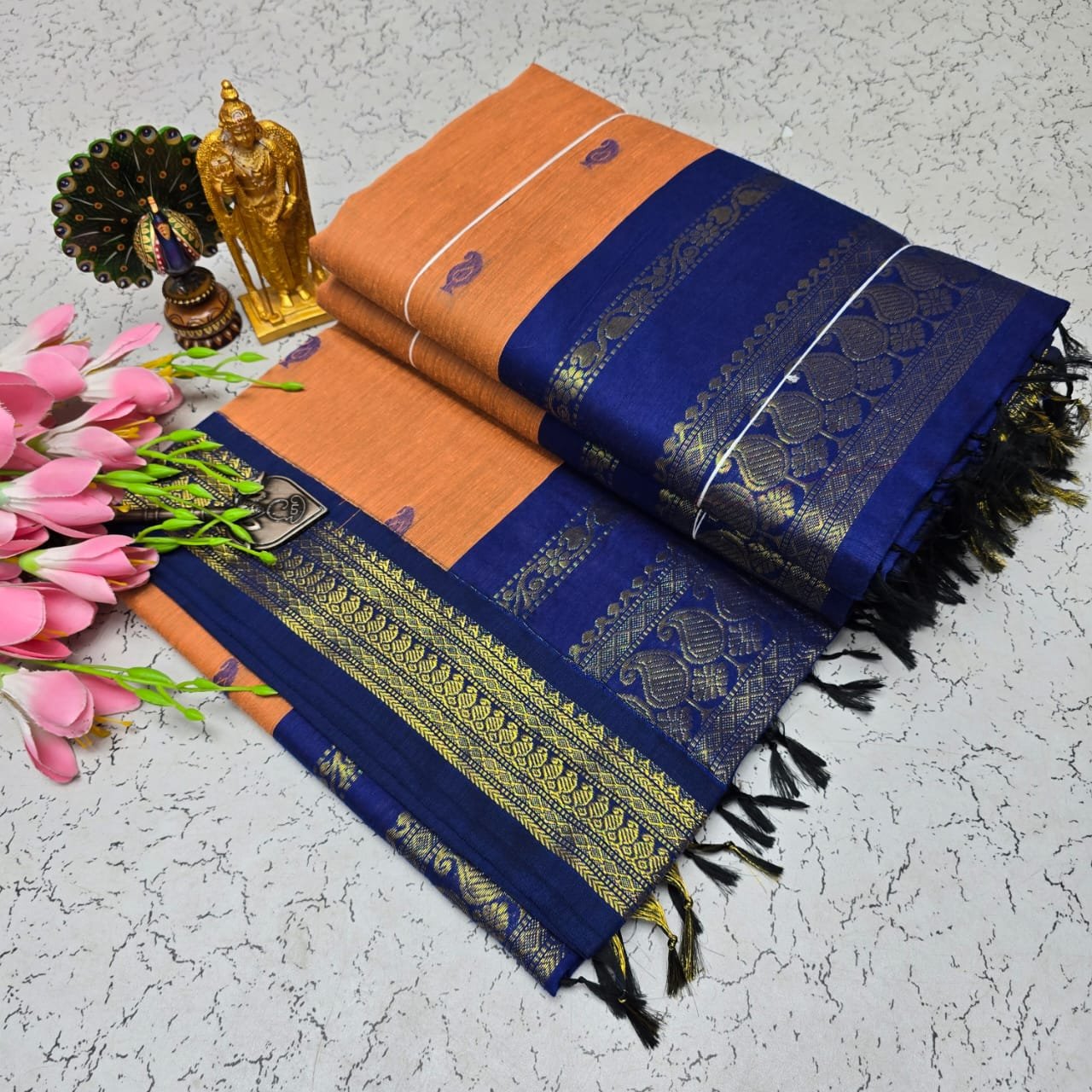 Kalyani cotton saree/Lata Gadwal Paithani - Peach + Royal Blue