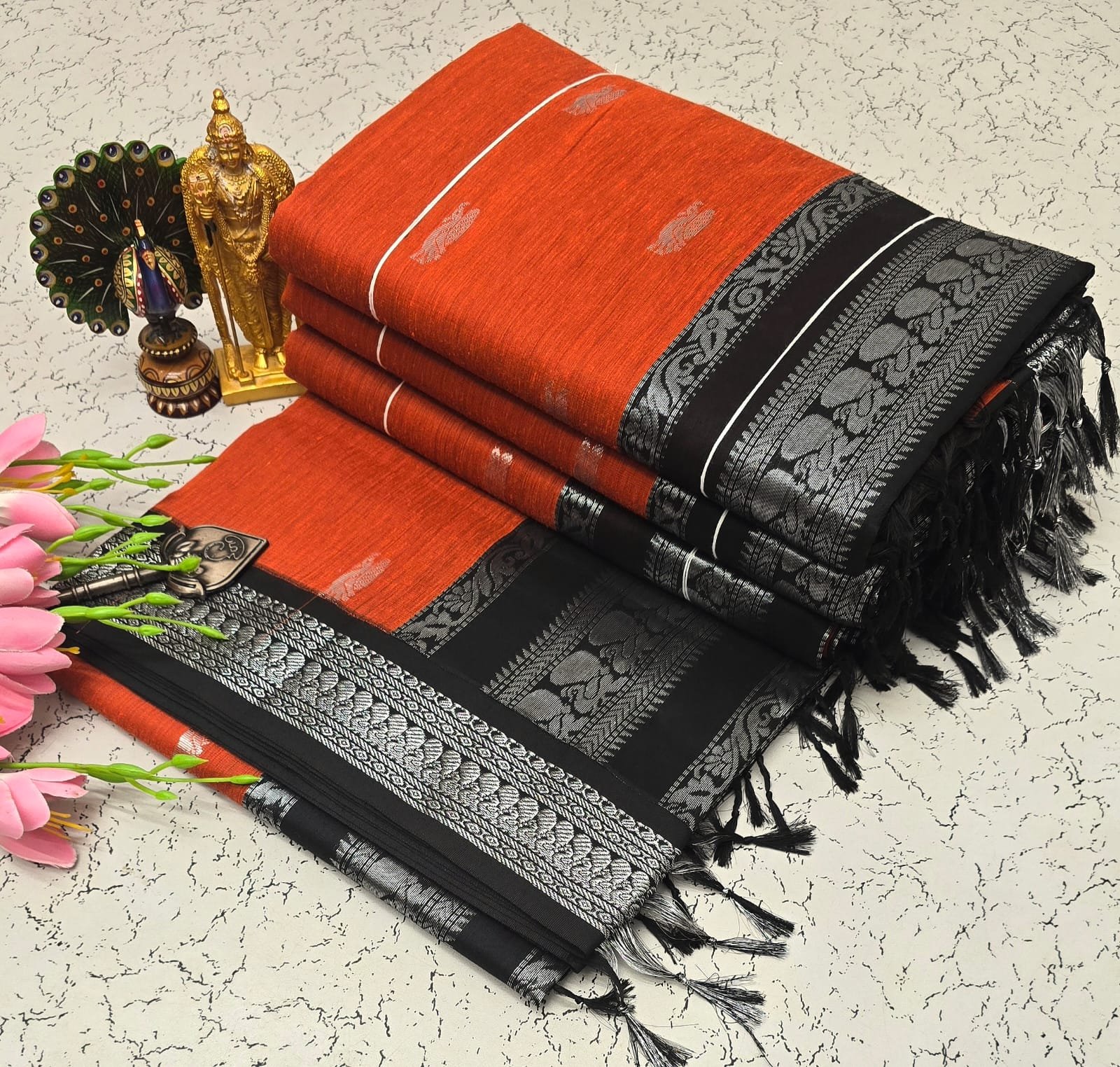 Kalyani cotton saree/Lata Gadwal Paithani - Vermilion Orange + Grey