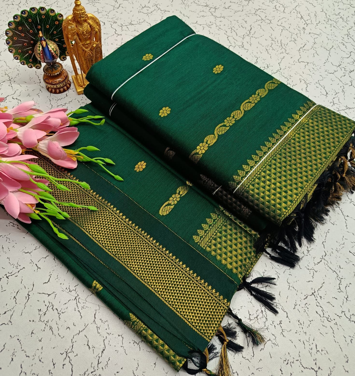 Kalyani cotton saree/Lata Gadwal Paithani - Hunter Green + Antique Gold