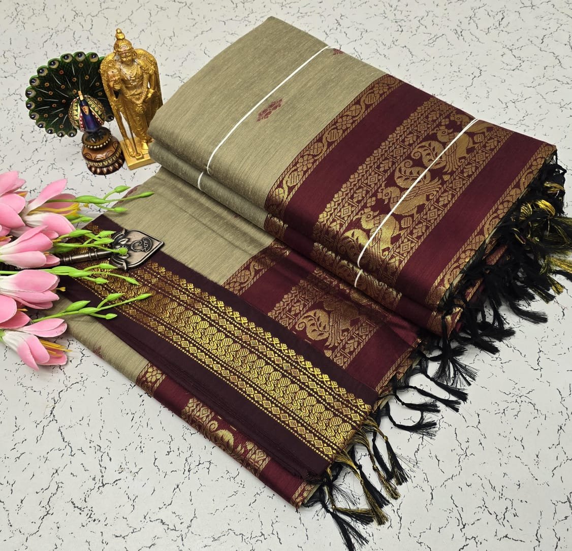 Kalyani cotton saree/Lata Gadwal Paithani - Sand Beige + Burgundy